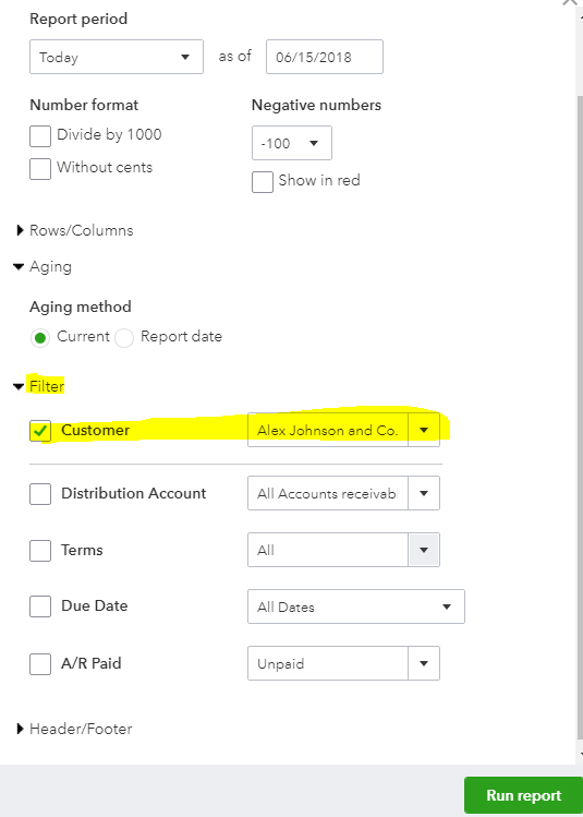 filter qb open invoices report