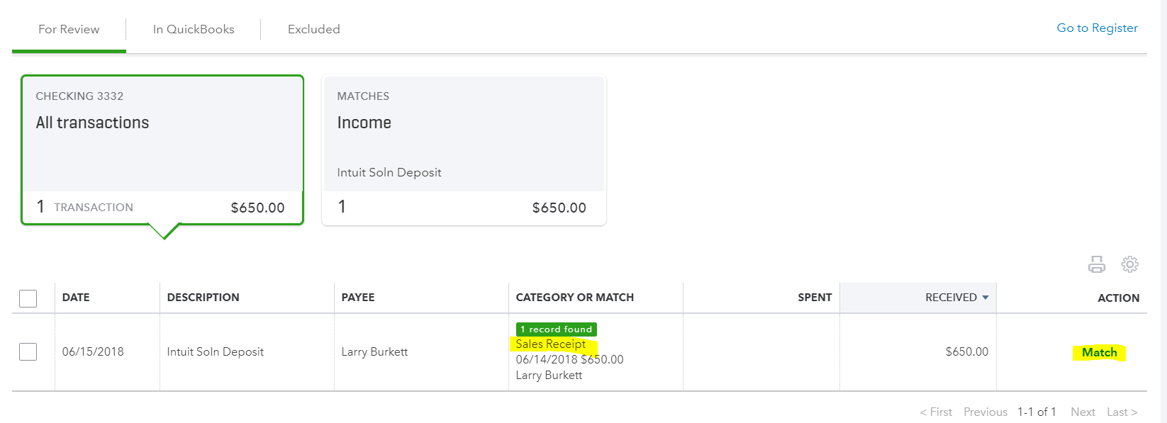 sales receipt qbo match bank feeds