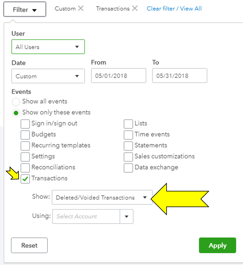 show deleted voided transactions audit log quickbooks online